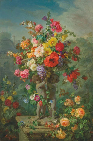 Marius Vasselon - Roses Poppies Hollyhocks Pansies and Wisteria in a stone urn supported by putti on a plinth.webp