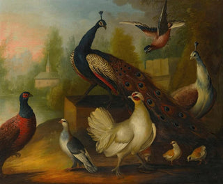 Marmaduke Cradock - Peacocks chickens and other birds in a river landscape.webp