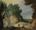 Un paesaggio roccioso con una cascata e viaggiatori su un sentiero - Marten Ryckaert — vista dell’opera