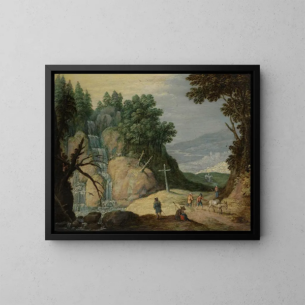 Eine felsige Landschaft mit einem Wasserfall und Reisenden auf einem Weg - Marten Ryckaert — gerahmtes Bild an der Wand