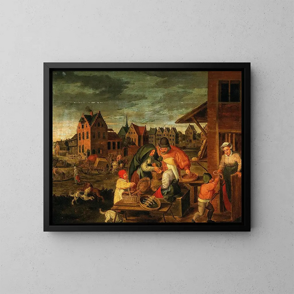 Ein Stadtlandschaft mit Bauern an einem Verkaufsstand - Marten van Cleve — gerahmtes Bild an der Wand