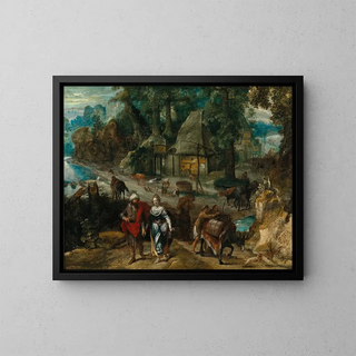 Marten van Valkenborch - A farmyard with Jacob and Rachel.webp