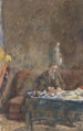 Innen-Gemälde mit einem Mann, der auf einem Sofa hinter einem Tisch schreibt - Martinus van Andringa — Ansicht des Kunstwerks