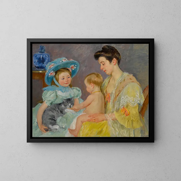 Kinder spielen mit einer Katze - Mary Cassatt — gerahmtes Bild an der Wand