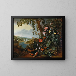 Matthias Withoos - A landscape with flowers and a marten and bird trap.webp