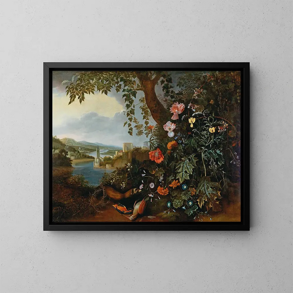 Ein Landschaft mit Blumen und einer Marder- und Vogel-Falle - Matthias Withoos — gerahmtes Bild an der Wand