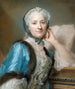Portrait of Anne-Jeanne Cassanéa de Mondonville – Maurice Quentin de La Tour — musician in a blue dress seated beside a harpsichord