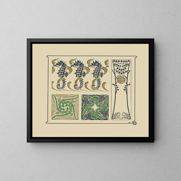 di design astratto basato su ippocampi, lucertole e piccole foglie - Maurice Pillard Verneuil — quadro incorniciato alla parete