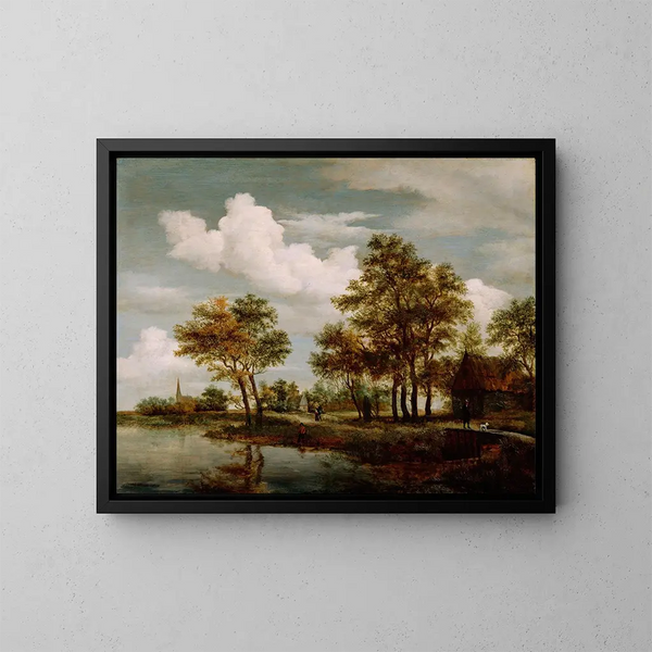 Una scena di un fiume - Meindert Hobbema — quadro incorniciato alla parete