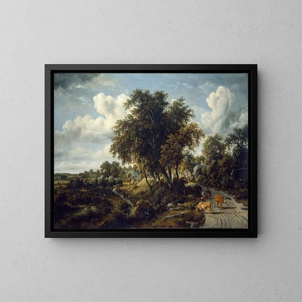 Un paesaggio boscoso con un sentiero sulla diga - Meindert Hobbema — quadro incorniciato alla parete