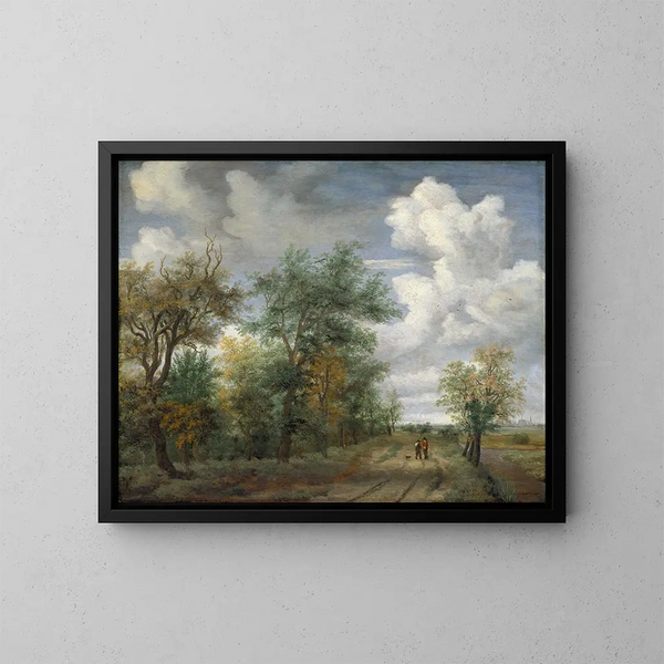 Un paesaggio boscoso con figure - Meindert Hobbema — quadro incorniciato alla parete