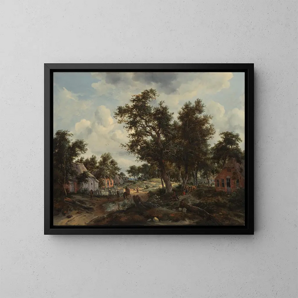 Un paesaggio boscoso con viaggiatori su un sentiero attraverso un villaggio - Meindert Hobbema — quadro incorniciato alla parete