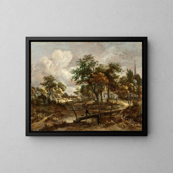 Paesaggio con un pontile - Meindert Hobbema — quadro incorniciato alla parete