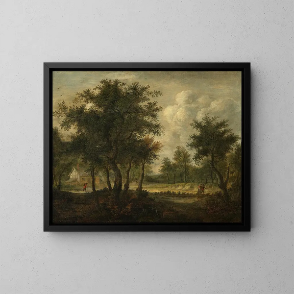 Paesaggio con figure - Meindert Hobbema — quadro incorniciato alla parete