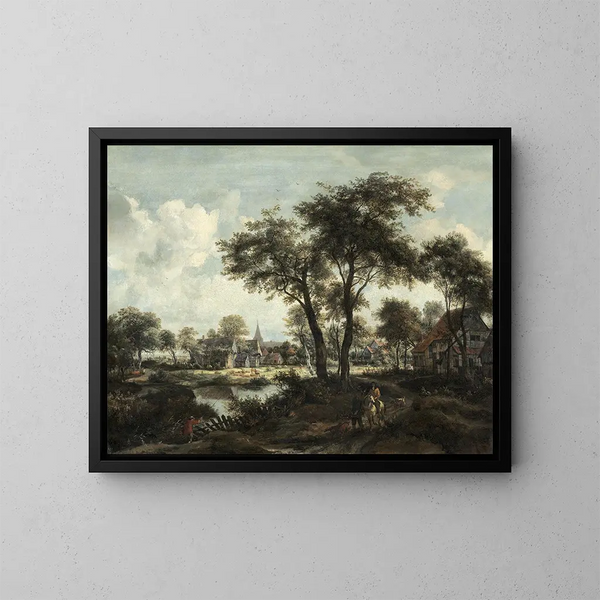 Villaggio vicino a uno stagno - Meindert Hobbema — quadro incorniciato alla parete