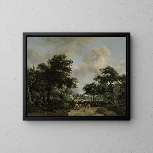 Paesaggio boscoso con allegri compagni in una carrozza - Meindert Hobbema — quadro incorniciato alla parete