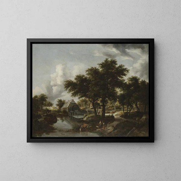Paesaggio boscoso con un mulino ad acqua - Meindert Hobbema — quadro incorniciato alla parete