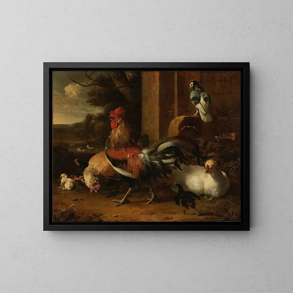 Una corte di cortile - Melchior d'Hondecoeter — quadro incorniciato alla parete