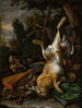 di un nature morta di selvaggina con un lepre appeso, una testa di cinghiale e un moschetto in un paesaggio - Melchior d'Hondecoeter — vista dell’opera