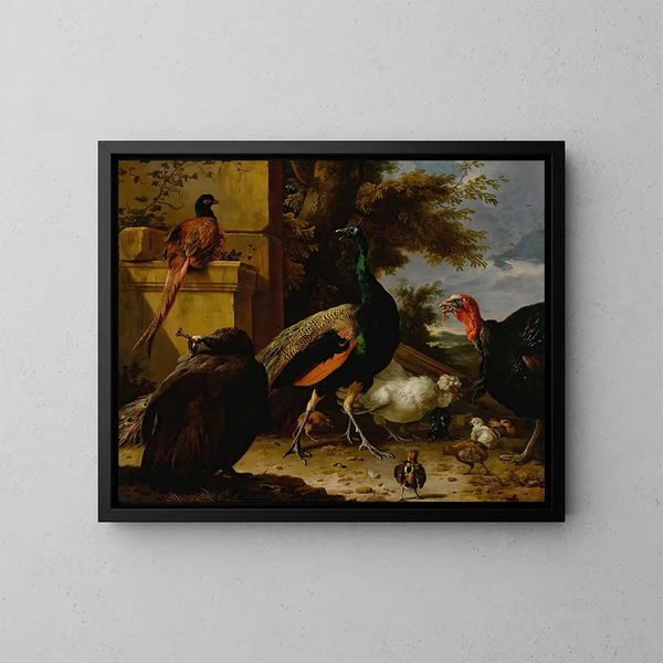 di un pavone, una quaglia, una fagiana, un tacchino, un gallo e un pulcino vicino a un muro, con un paesaggio oltre - Melchior d'Hondecoeter — quadro incorniciato alla parete
