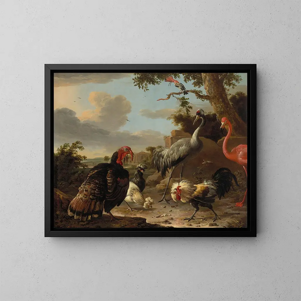 Una gru sarus, un fenicottero rosa, un tacchino selvatico in bronzo, due galline di Padova, un gallo da gioco in argento e un huphe in un paesaggio - Melchior d'Hondecoeter — quadro incorniciato alla parete