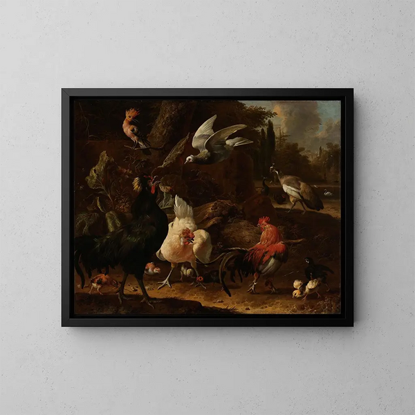 Uccelli in un parco - Melchior d'Hondecoeter — quadro incorniciato alla parete