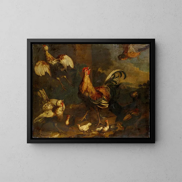 Scossone nel pollaio - Melchior d'Hondecoeter — quadro incorniciato alla parete