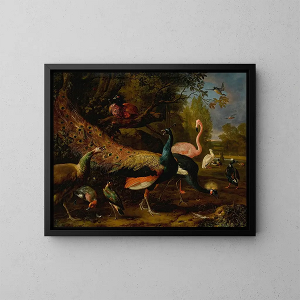 Uccelli esotici comprend un pavone e una pavona, un fenicottero, una gru africana, un fagiano, un svasso, un'anatra a becco a spatola, un pellicano e un'anatra con ciuffo. - Melchior d'Hondecoeter — quadro incorniciato alla parete