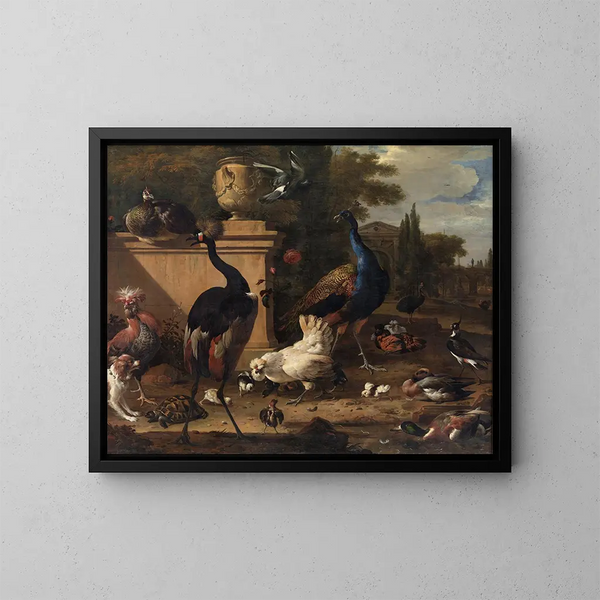 di Pollame corrente in una villa - Melchior d'Hondecoeter — quadro incorniciato alla parete