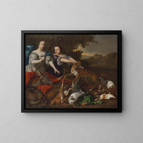Ritratto di una dama come dea Diana e la sua assistente con le spoglie della caccia - Melchior d'Hondecoeter — quadro incorniciato alla parete