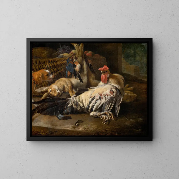 Natura morta con un gallo - Melchior d'Hondecoeter — quadro incorniciato alla parete