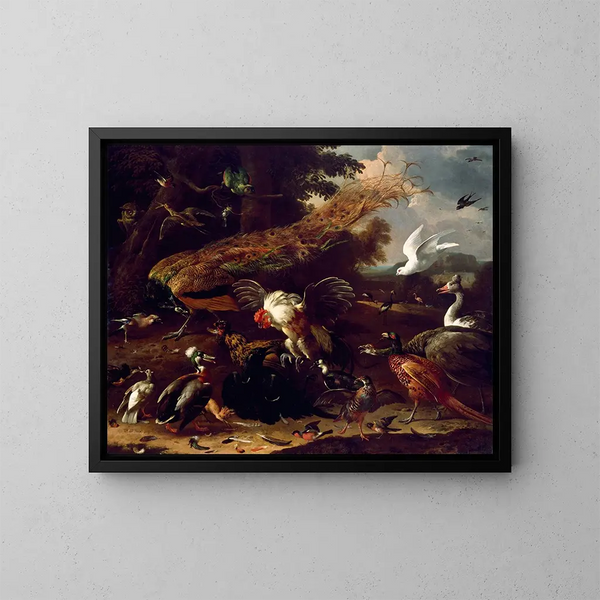 Il corvo esposto - Melchior d'Hondecoeter — quadro incorniciato alla parete