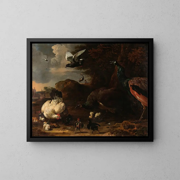 Due pavoni che minacciano una gallina con pulcini conosciuto come La Gallina Minacciata - Melchior d'Hondecoeter — quadro incorniciato alla parete