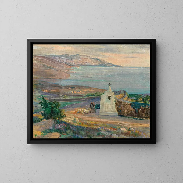Un paesaggio costiero in serata con cappella - Menci Clement Crnčić — quadro incorniciato alla parete