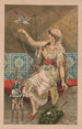 Femme assise avec éventail de paon, pipe à narguilé et oiseau blanc - Mensing Stecher — vista dell’opera