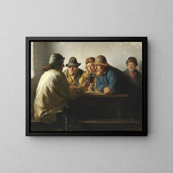 Der Fischer um einen Tisch trinken nach der Arbeit ein Glas - Michael Ancher — gerahmtes Bild an der Wand