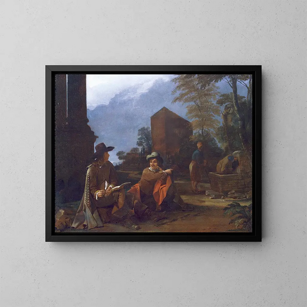 Künstler, die sich in der Nähe eines Brunnens ausruhen - Michael Sweerts — gerahmtes Bild an der Wand