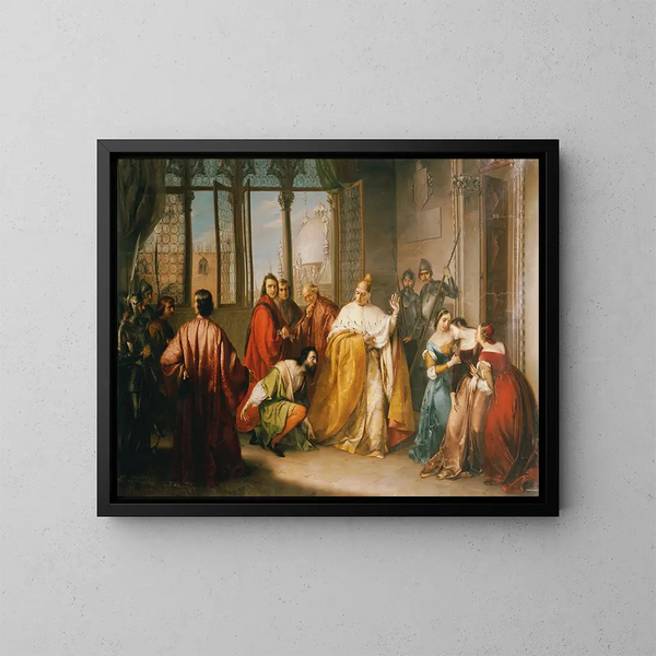 Der Doge Francesco Foscari schickt seinen Sohn Giacomo ins Exil - Michelangelo Grigoletti — gerahmtes Bild an der Wand