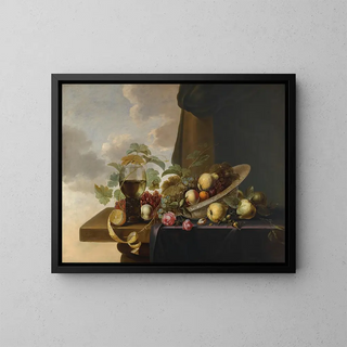 Michiel Simons - A Still Life With Grapes Pears A Peach And Roses In A Waanli Kraak Porcelain Bowl With A Roemer And A HalfPeeled Lemon On A Partly Covered Table Top.webp