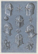 Blatt mit sechs Helmen, einem Stern, einer Lilie, einem heraldischen Glocke und drei Fruchttrauben - Monogrammist TA — Ansicht des Kunstwerks