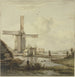 Windmill painting in front of a city with a tall tower, a woman walking on a delineated path - Jan Hulswit — artwork view