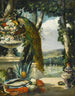 Natura morta con fiori di pavone, frutta e un vaso giapponese, un ampio paesaggio di parco oltre - Narcisse Virgile Diaz de la Peña — vista dell’opera