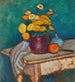 Natura morta con tessuto, fiori in una brocca, mela e contenitore sul tavolo - Alexej von Jawlensky
