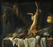 Naturstillleben mit einem toten Hasen, einer Ente, einem Fasan und Geflügel auf einem Tisch, bedeckt mit einem weißen Tuch, mit einem Obstkorb - Pieter van Boucle — Ansicht des Kunstwerks