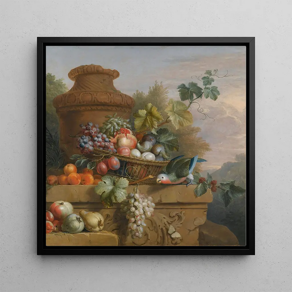 Naturstillleben mit einem Obstkorb, einem Papagei und einer Urne auf einem geschnitzten Steinsockel - Nachfolger von Jakob Bogdny | Kunstdruck