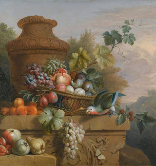 Nature morte avec un panier de fruits, un perroquet et une urne sur un rebord de pierre sculpté - Suiveur de Jakob Bogdny
