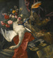 Nature morte de pivoines, roses et autres fleurs dans un vase en terre cuite avec un cygne, un paon et une tête de sanglier reposant sur un drapé rouge et un fragment architectural antique - Pieter Boel — artwork view