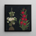 White Water Lilies in a Two-Tiered Fountain and Red Flowers with Pointed Leaves on a Black Background - Anonymous — framed artwork on a wall