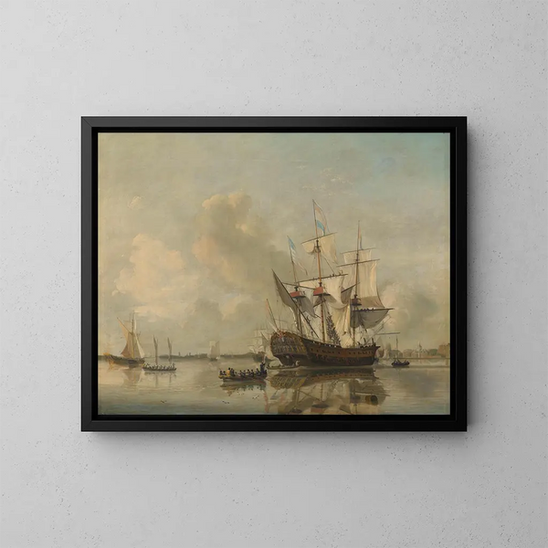 Die Kriegsschiff-Fregatte Rotterdam an der Maas bei Rotterdam - Nicolaas Baur — gerahmtes Bild an der Wand