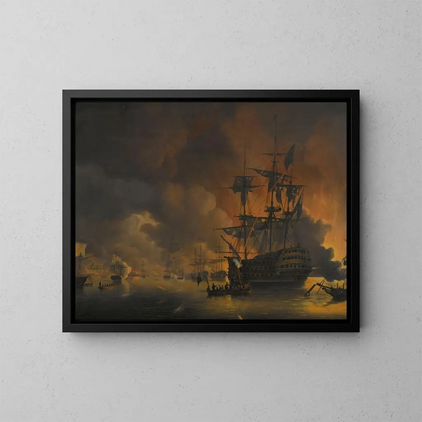 L'incendie sur les quais d'Alger peu après le début du bombardement par la flotte anglo-néerlandaise, 27 août 1816 - Nicolaas Baur — gerahmtes Bild an der Wand